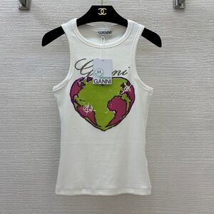 Ganni White Tank Top with Pink and Green Earth Design
